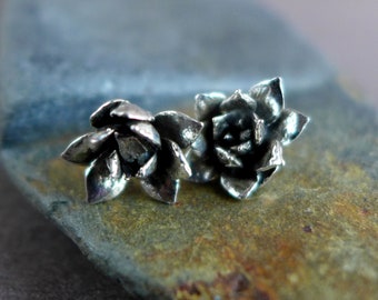 Tiny Sterling Silver and Bronze Succulent Earrings, Hen Chick Plant Earrings, Botanical Earrings, Succulent Jewelry, Gift for Gardener