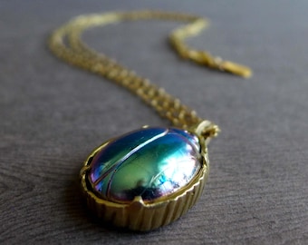 Peacock Blue Vitrail Glass Scarab Necklace, Beetle Bug Pendant, Brass with Gold Fill Chain