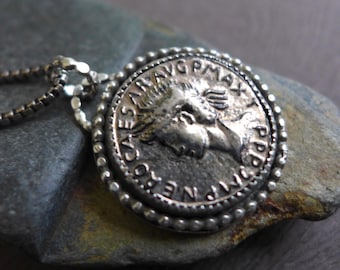 Vintage Glass Julius Caesar Roman Coin Necklace, Shiny Silver Gray Metallic Bezel Set Coin Pendant for Men, Unisex, Sterling Silver