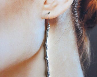 Sterling Silver Twig Branch Earrings, Textured Minimalist Woodland Jewelry