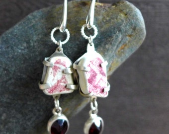 Red Garnet Sterling Silver Beach Pottery Earrings, January Birthstone