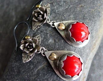 Red Rosarita Sterling Silver Drop Earrings, Flower, Heart Love Gift
