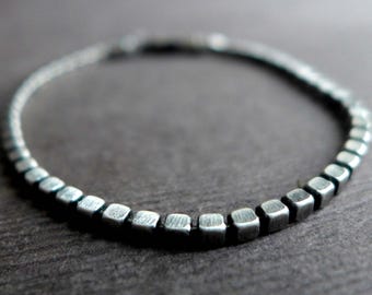 Unisex Sterling Oxidized Silver Cube Chain Bracelet, Size Large 8 Inch Men Women Slinky Silver Bracelet, Geometric Square Cube Bracelet