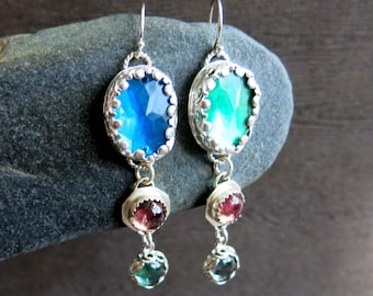Long Blue Green Pink Glass Silver Tourmaline Earrings, Dangly Jewel Tone Sparkly Gems