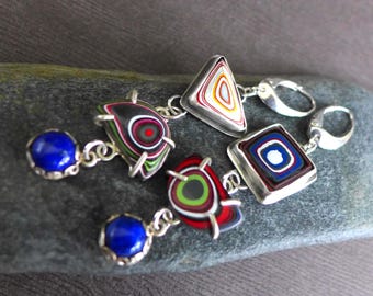 Kenworth Truck Ohio Fordite, Lapis and Sterling Silver Earrings, Geometric Asymmetrical Car Paint Detroit Agate OOAK Automotive Earrings