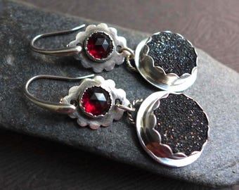 Red Gray Black Titanium Druzy Garnet and Sterling Silver Earrings