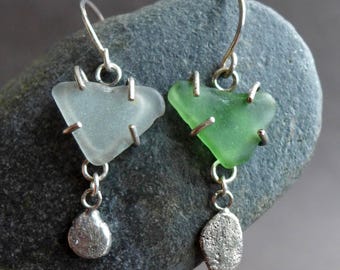 Green White Beach Sea Glass Heart Earrings, Beach Jewelry
