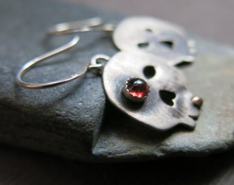 Sterling Silver Skull Stud Handmade Earrings, Red Garnet Eye Bronze Tooth, Skeleton Jewelry, Halloween Jewelry, Spooky Skelly Earrings