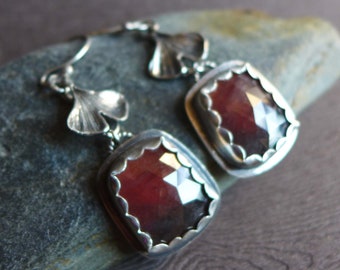 Faceted Ruby and Gingko Leaf Earrings, Plant Lover Botanical Earrings, Sterling Silver Gingko Earrings, July Birthstone Ruby Earrings