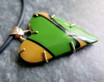 Green Yellow Black Bowlerite Heart Pendant, Novelty Valentine Love Necklace