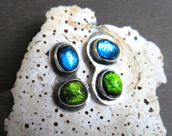 Sky Blue Grass Green Sterling Silver Dichroic Glass Post Earrings