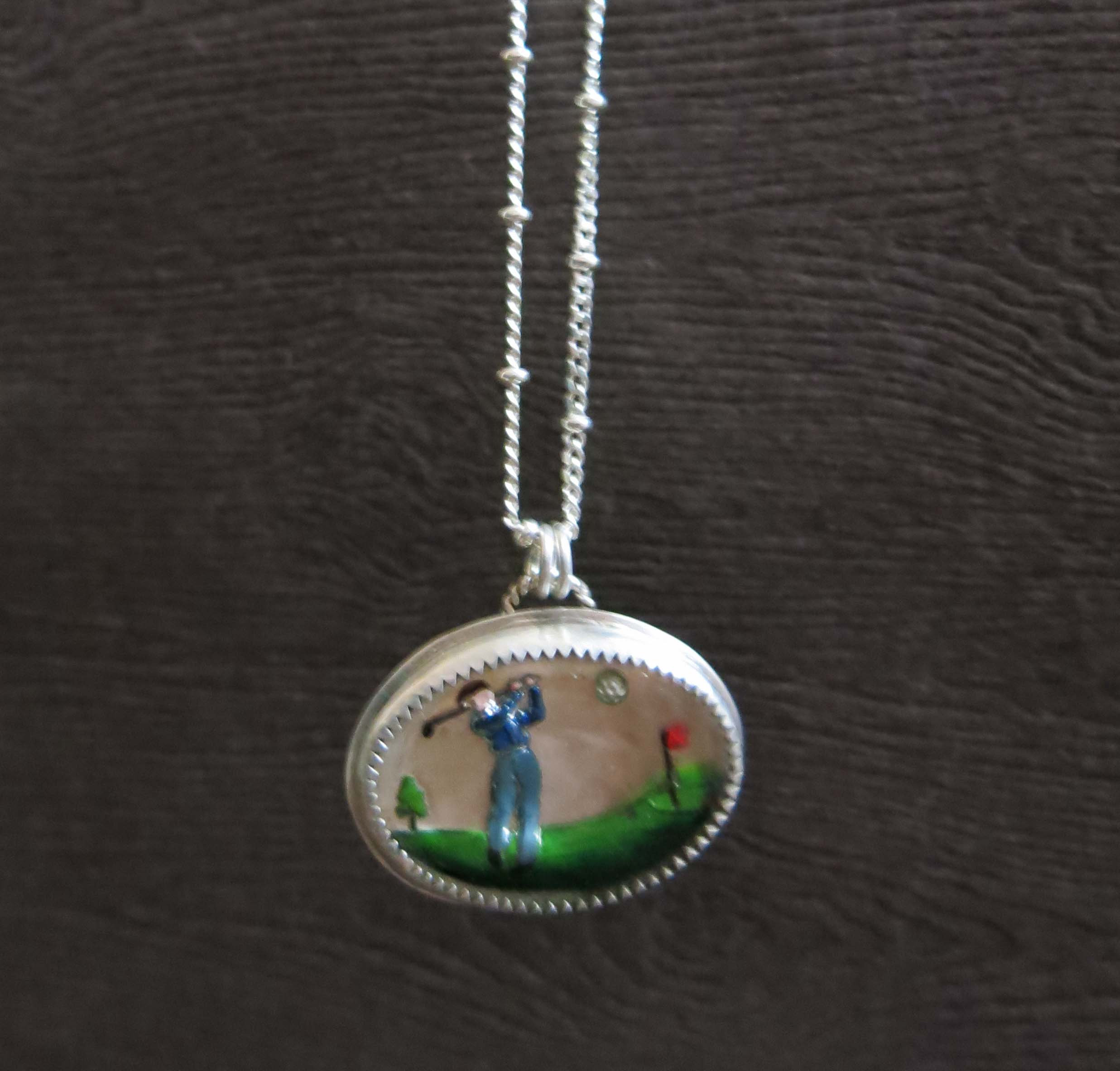 Vintage Glass Golf Necklace, Mid Century Sport Novelty Pendant for