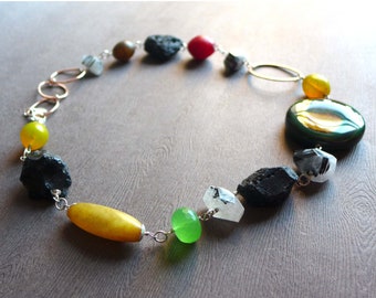 Chunky Artisan Gemstone Bead Necklace, Red Coral, Black Lava, Bohemian Glass, Jade, Rutilated Quartz, Copper Silver