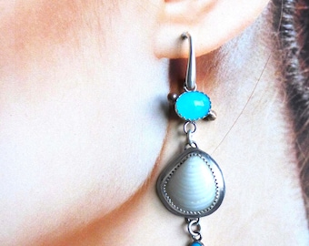 Real Seashell Earrings, Aqua Chalcedony, Sterling Silver Bronze Beach Vacation Jewelry