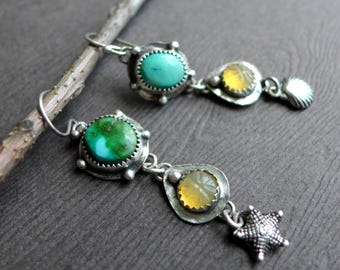 Earrings Turquoise, Carved Opal, Sterling Silver Shell Starfish, Aqua Blue Beach Ocean Jewelry
