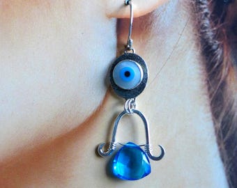 Evil Eye London Blue Topaz Earrings, Blue Eye Turkish MOP Protection Jewelry
