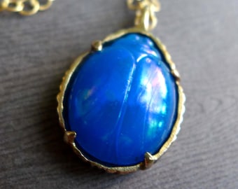 Blue Vitrail Glass Scarab Necklace, Beetle Bug Insect Pendant Brass with Gold Fill Chain