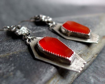 Gothic Coffin Dangle Earrings, Sterling Silver & Carnelian, Memento Mori Bat Jewelry