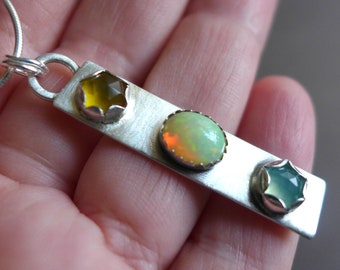 Multi Stone Bezel Set Opal Chalcedony Sterling Silver Bar Necklace, Yellow, Aqua Stone Minimalist Necklace, October Birthstone Gift for Her