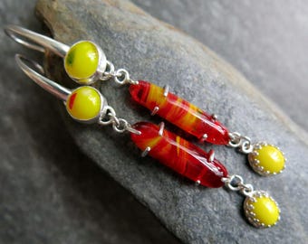 Red Yellow Rosarita Glass Long Drop Earrings, Fun Sterling Silver Dangly Stone Earrings