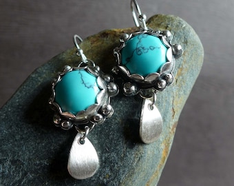 Turquoise Earrings, Round Circle Turquoise Sterling Silver Earrings, Gift for Her, Wedding Earrings, Aqua Blue Gemstone Earrings