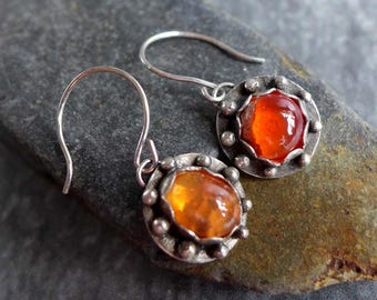 Mexican Fire Opal Earrings, Bezel Set Mexican Opal Earrings, Orange Yellow Gemstone Earrings, Teardrop Earrings