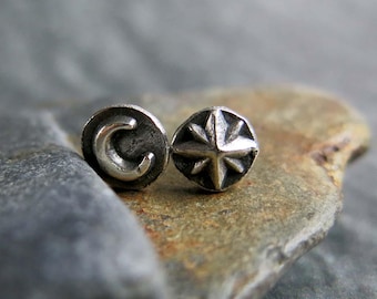 Sterling Silver Crescent Moon Star Stud Earrings, Celestial Mismatched Posts, Oxidized Minimalist Jewelry