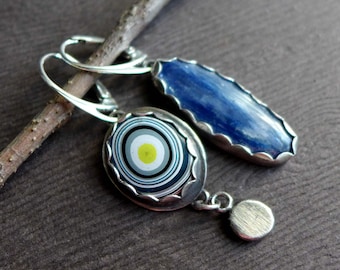 Fordite Kyanite Sterling Silver Earrings, Blue Asymmetrical Earrings, Detroit Car Paint Jewelry, Striped Statement Earrings