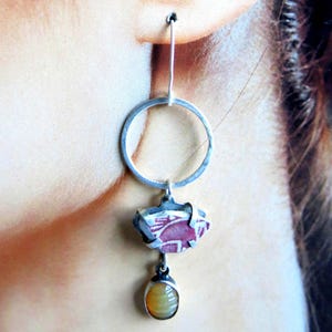Beach Pottery Shard Red White Ethiopian Opal Earrings, Vacation Jewelry