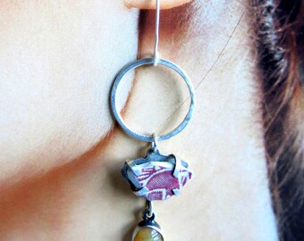 Beach Pottery Shard Red White Ethiopian Opal Earrings, Vacation Jewelry