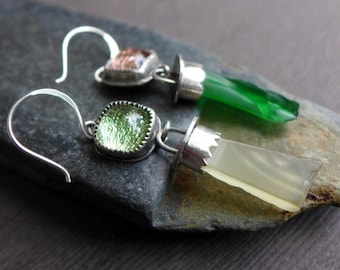 Sterling Silver Beach Glass Bullet Dangle Earrings, Green Pink Crinkle Glass