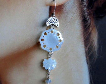 Carved Mother of Pearl Sand Dollar Earrings, Sterling Silver Moon, Beach Nautical Coastal Jewelry
