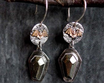 Gothic Coffin Dangle Earrings, Sterling Silver & Hematite, Memento Mori Bat Jewelry
