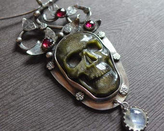 Gothic Skull Necklace Sterling Silver | Golden Sheen Obsidian Pendant | Moonstone Garnet Jewelry |