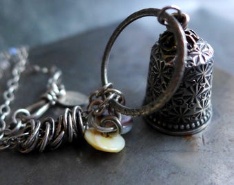 Vintage Sterling Silver Thimble, Labradorite, MOP Button Necklace, Heirloom Sewist Pendant
