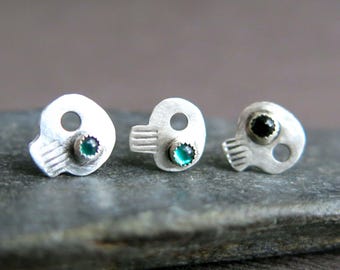 Tiny Silver Holiday Single Skull Earrings, Jeweled Eyes Sterling Skull Earrings, Skeleton Halloween Jewelry, Sterling Skeleton Studs