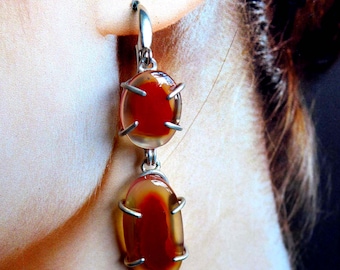 Double Carnelian Drop Silver Earrings, Translucent Orange Gemstone Bullseye Prong Set Earrings