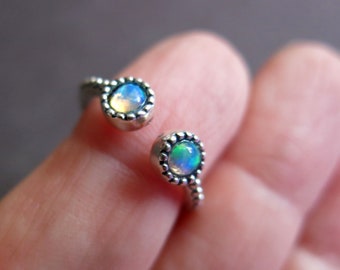 Ethiopian Opal Slim Stacking Rings, Sterling Silver Gemstone Open Ring Size 5 and 7