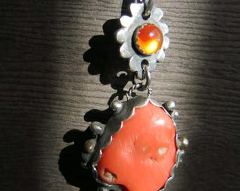 Bezel Set Mediterranean Red Coral and Carnelian Necklace, Artisan Red Sterling Silver Gemstone Sea Coral Pendant, Beach Vacation Jewelry