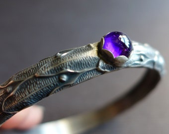 Gothic Sterling Silver Amethyst Bangle Bracelet, Oxidized Floral Witchy Textured