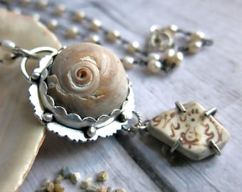 Seashell, Beach Pottery, Freshwater Pearl Necklace, Sterling Silver Mermaid Pendant