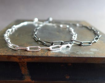 Adjustable Single Strand Sterling Silver Paperclip Chain Bracelet 6-8.25 Inches Long, Bright or Oxidized Silver with Slider Extender