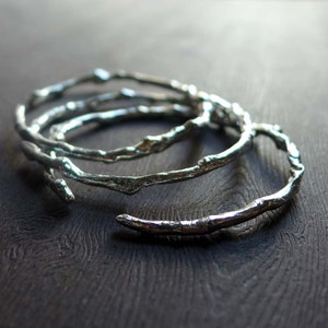Textured Twig Thin Cuff Bracelet, Sterling Silver Stackable Twig Bracelet, Wedding Twig Artisan Bracelet, Winter Branch Jewelry image 2
