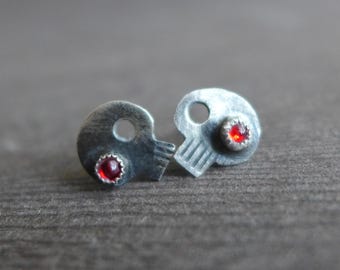 Tiny Sterling Silver Skull Stud Earrings, Red Glass Eyes, Skeleton Jewelry