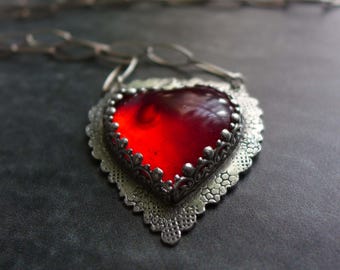 Red Rosarita Heart Sterling Silver Statement Pendant Necklace, Gemstone Love Gift