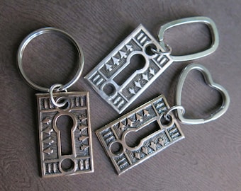 Textured Keyhole Keyrings in Bronze Sterling Silver, Limited Edition Vintage Escutcheon Keyring Keychain, Gift for Him