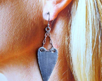 Textured Rustic Long Sterling Silver Heart Artisan Earrings, Valentine's Day Love Gift