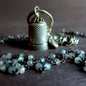 Vintage Sterling Silver Thimble Necklace, Heirloom Thimble Labradorite Necklace, Mother's Day Gift, OOAK Vintage Silver Needlework Necklace image 1