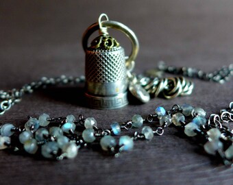 Vintage Sterling Silver Thimble Necklace, Heirloom Thimble Labradorite Necklace, Mother's Day Gift, OOAK Vintage Silver Needlework Necklace