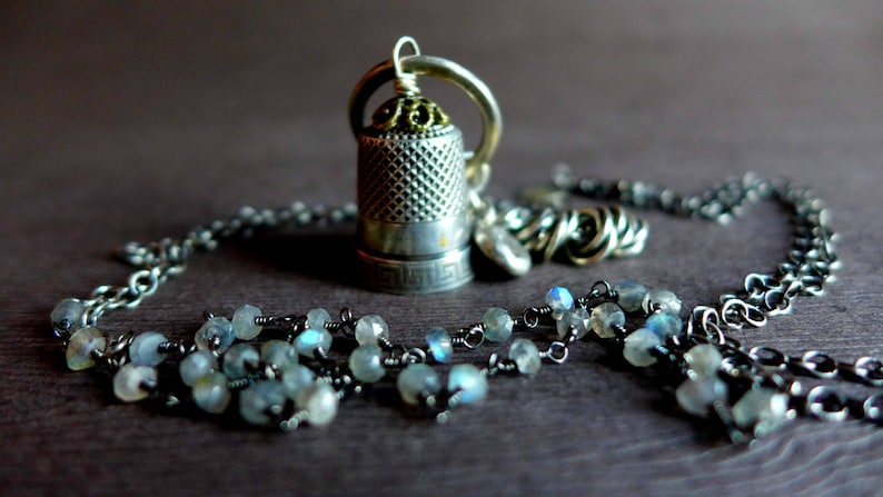 Vintage Sterling Silver Thimble Necklace, Heirloom Thimble Labradorite Necklace, Mother's Day Gift, OOAK Vintage Silver Needlework Necklace image 1